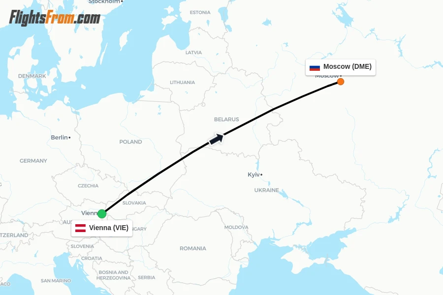 Flights from Vienna to Moscow route map