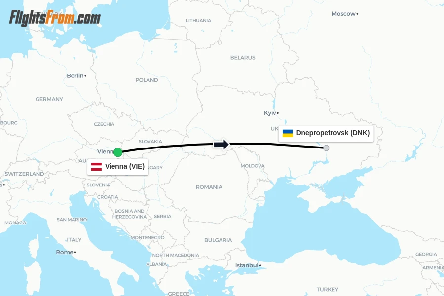 Flights from Vienna to Dnepropetrovsk route map