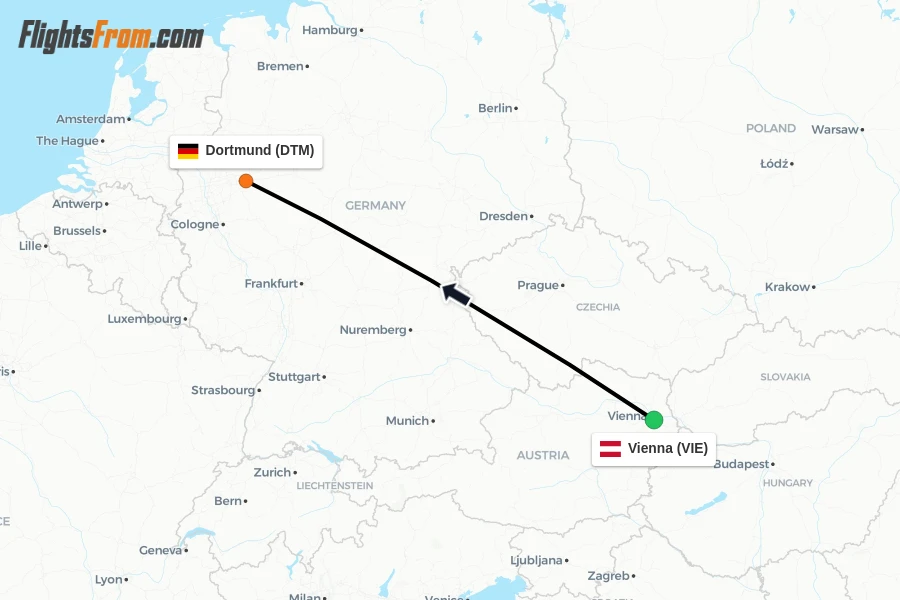 Flights from Vienna to Dortmund route map