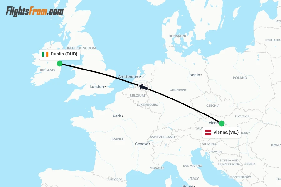 Flights from Vienna to Dublin route map