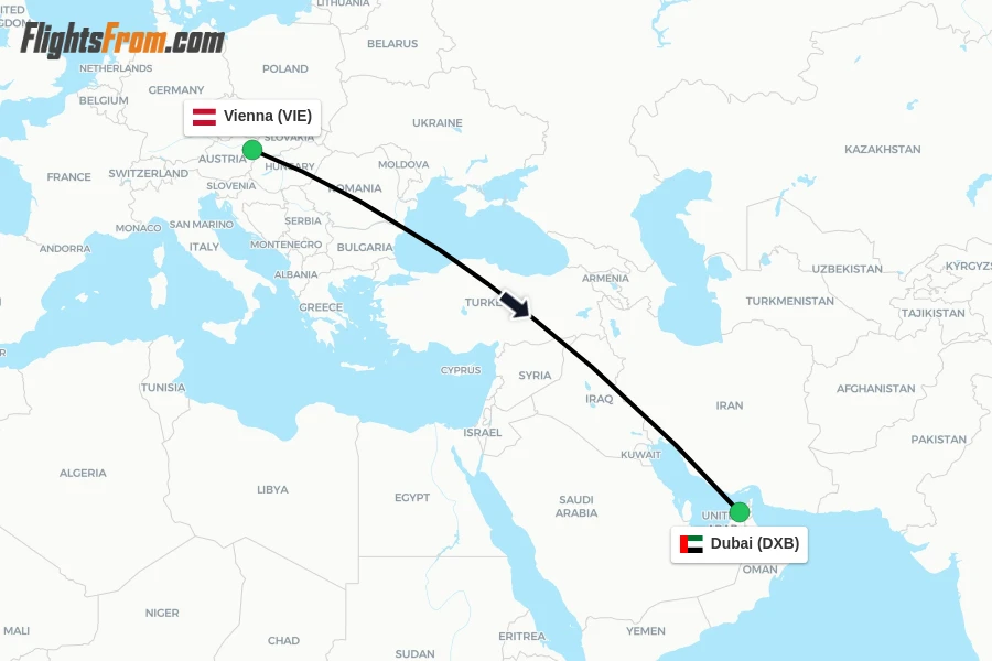 Flights from Vienna to Dubai route map