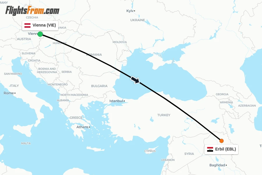 Flights from Vienna to Erbil route map
