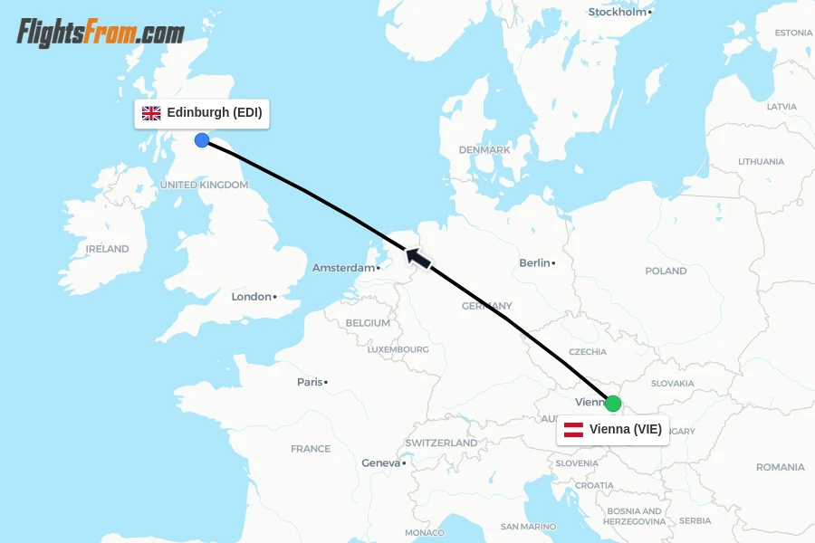 Flights from Vienna to Edinburgh route map