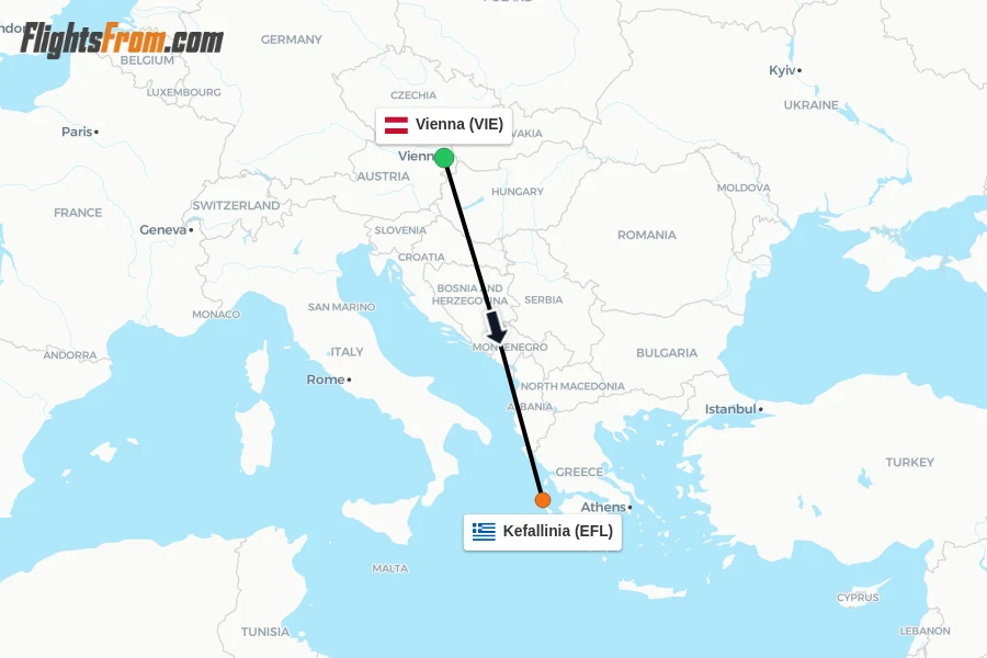 Flights from Vienna to Kefallinia route map