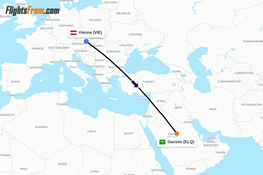 Flights from Vienna to Gassim route map