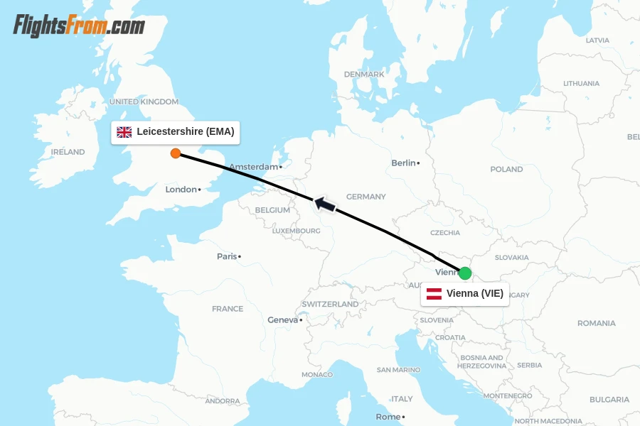 Flights from Vienna to Leicestershire route map
