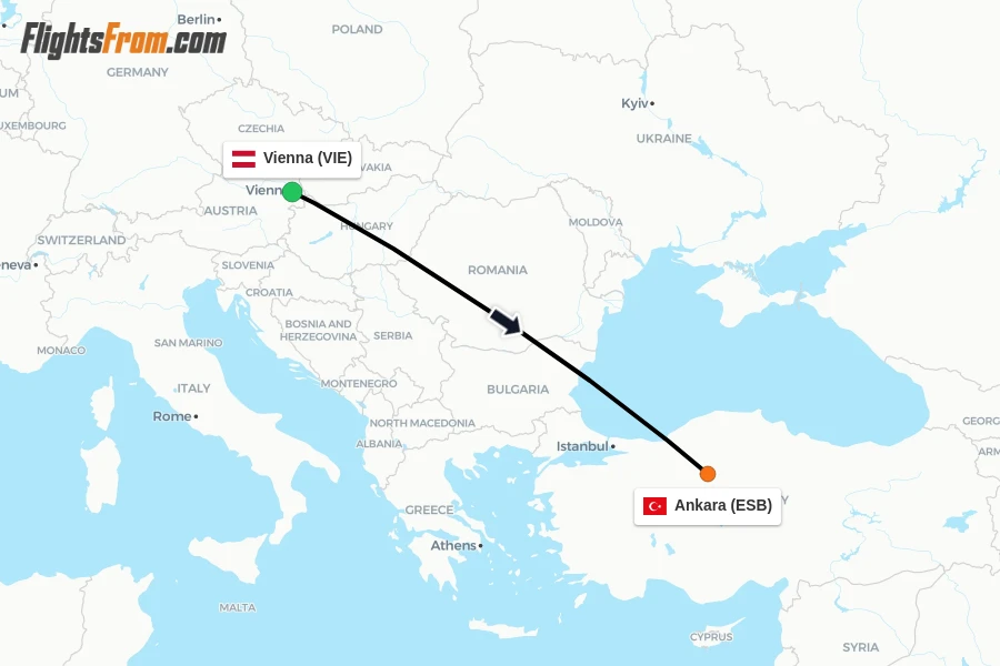 Flights from Vienna to Ankara route map