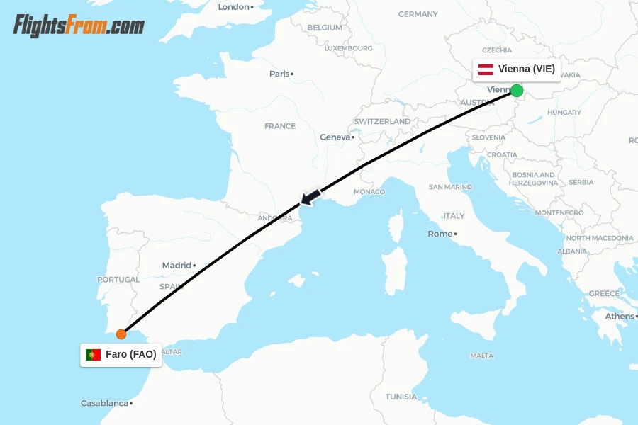Flights from Vienna to Faro route map