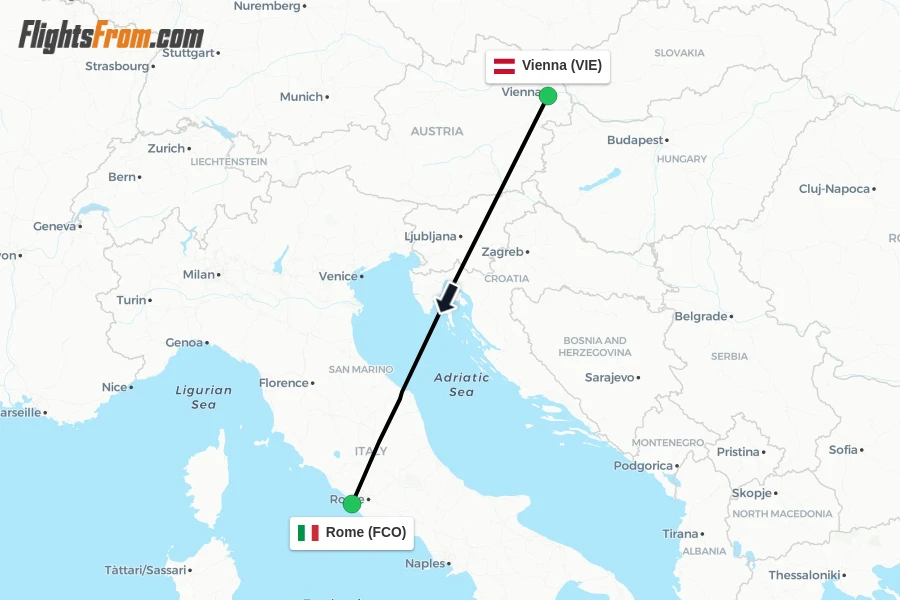 Flights from Vienna to Rome route map