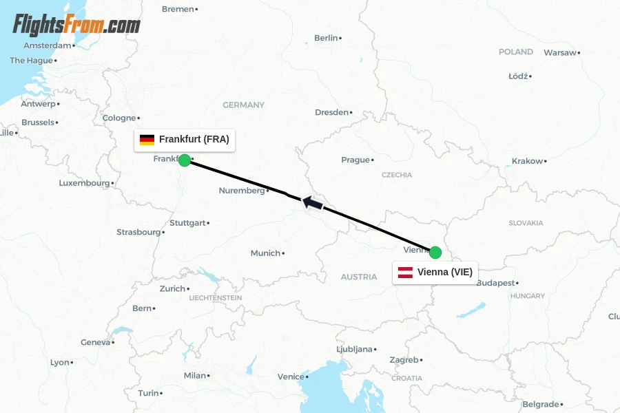 Flights from Vienna to Frankfurt route map