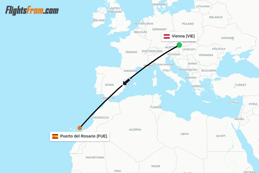 Flights from Vienna to Puerto del Rosario route map
