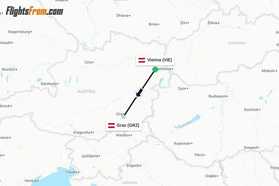 Flights from Vienna to Graz route map