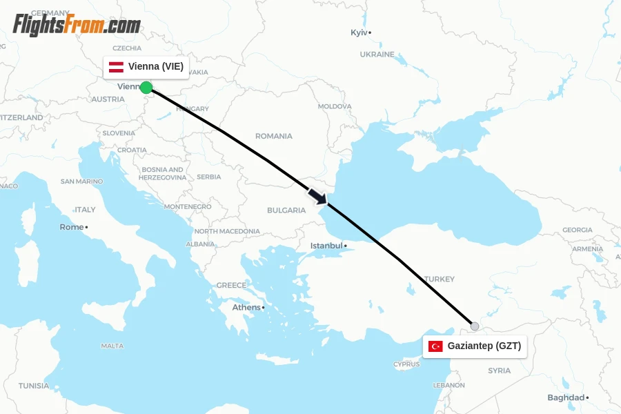 Flights from Vienna to Gaziantep route map