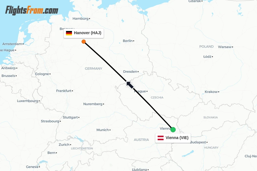Flights from Vienna to Hanover route map