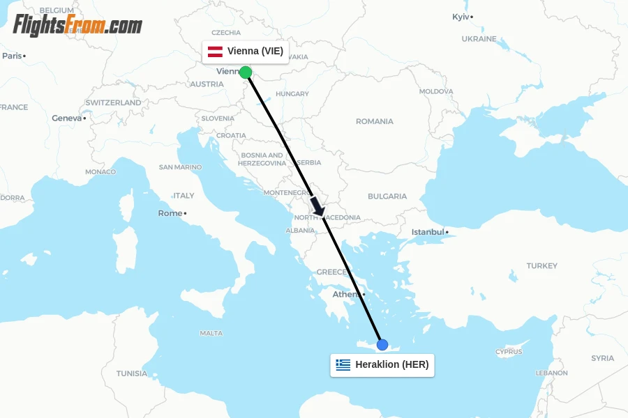 Flights from Vienna to Heraklion route map