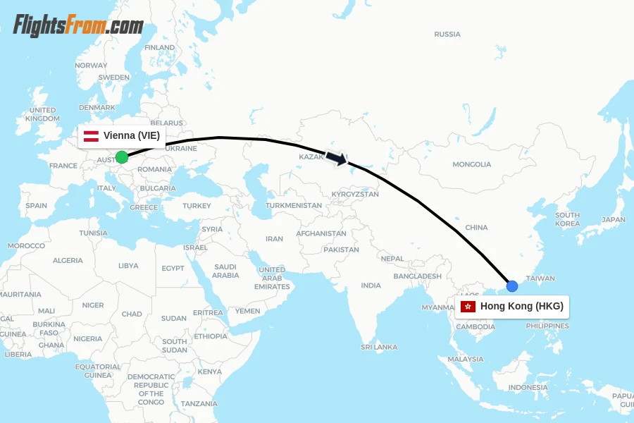 Flights from Vienna to Hong Kong route map