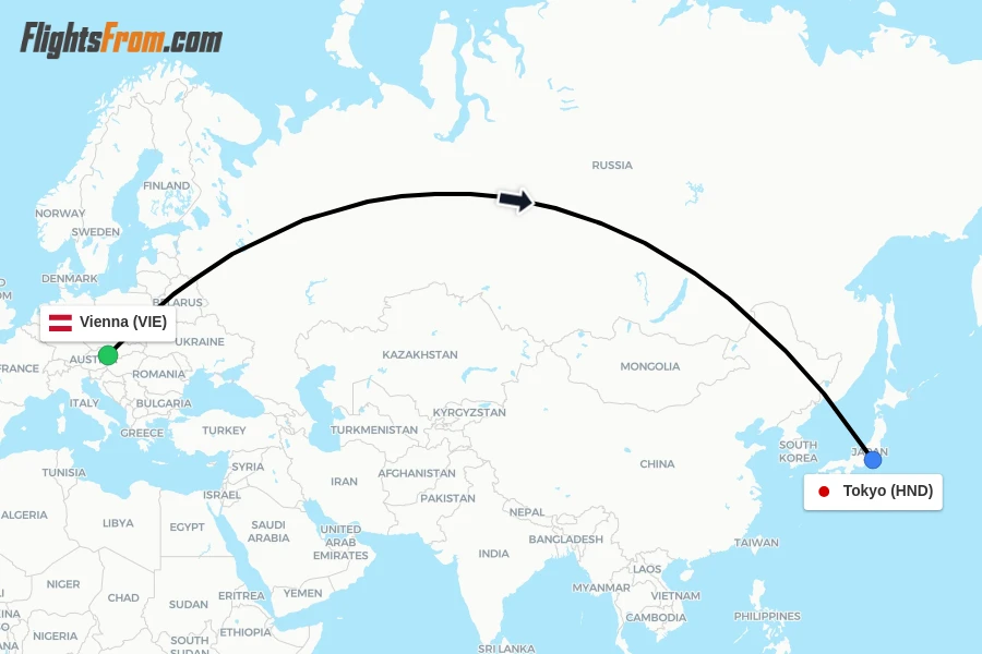 Flights from Vienna to Tokyo route map