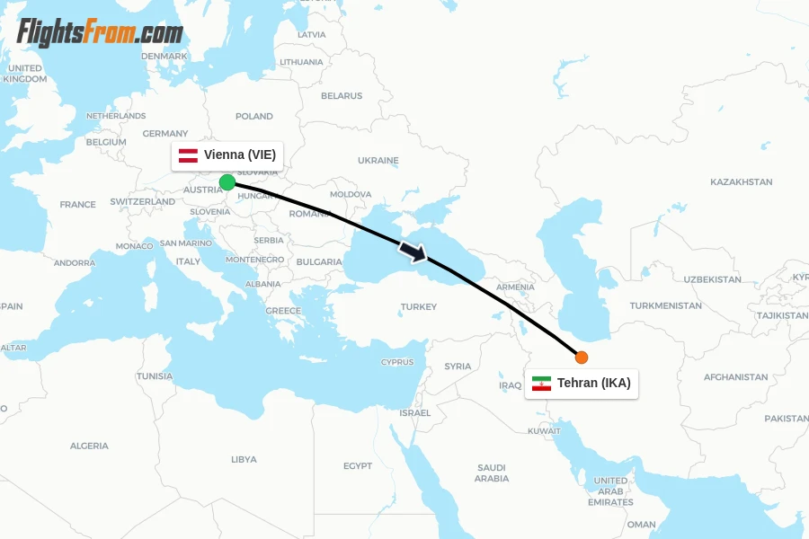 Flights from Vienna to Tehran route map