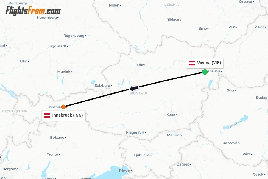 Flights from Vienna to Innsbruck route map