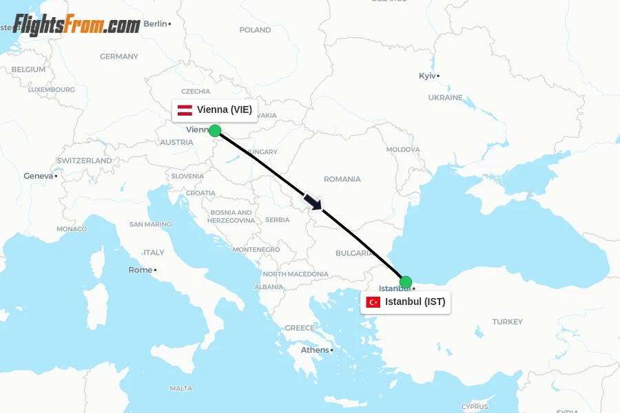 Flights from Vienna to Istanbul route map