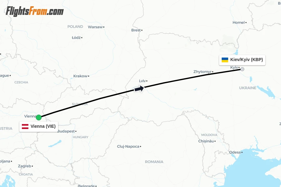 Flights from Vienna to Kiev/Kyiv route map