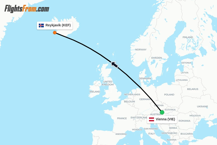 Flights from Vienna to Reykjavik route map