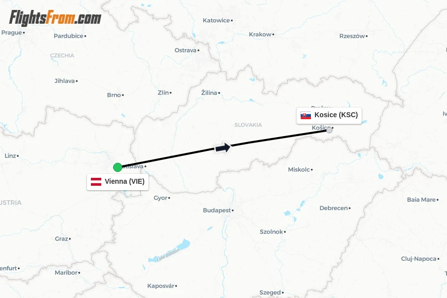 Flights from Vienna to Kosice route map