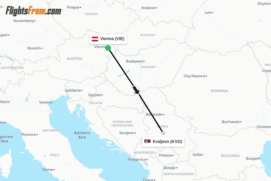 Flights from Vienna to Kraljevo route map