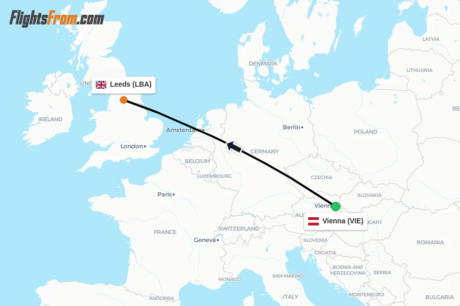 Flights from Vienna to Leeds route map