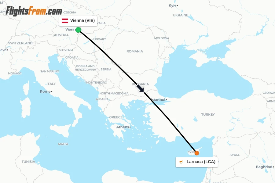 Flights from Vienna to Larnaca route map