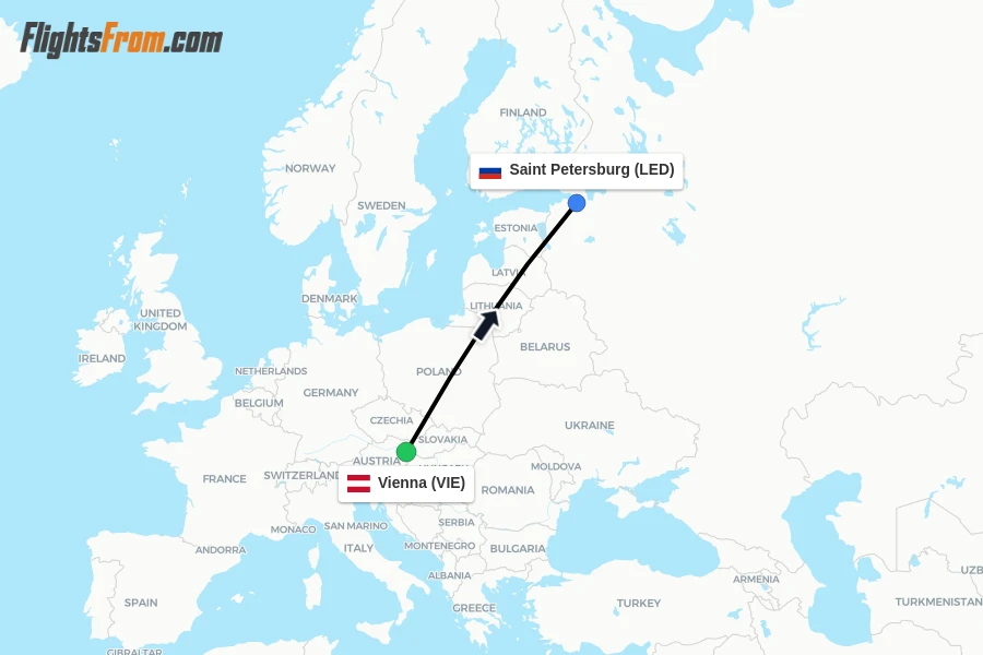 Flights from Vienna to Saint Petersburg route map