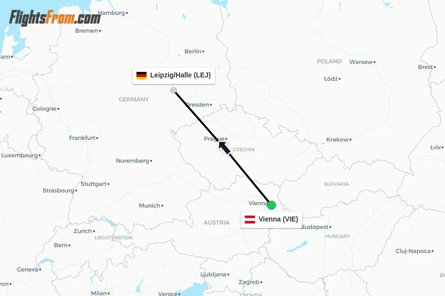 Flights from Vienna to Leipzig/Halle route map