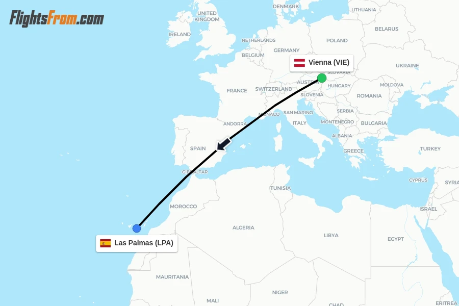 Flights from Vienna to Las Palmas route map