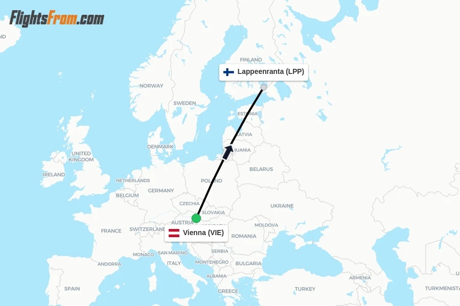 Flights from Vienna to Lappeenranta route map