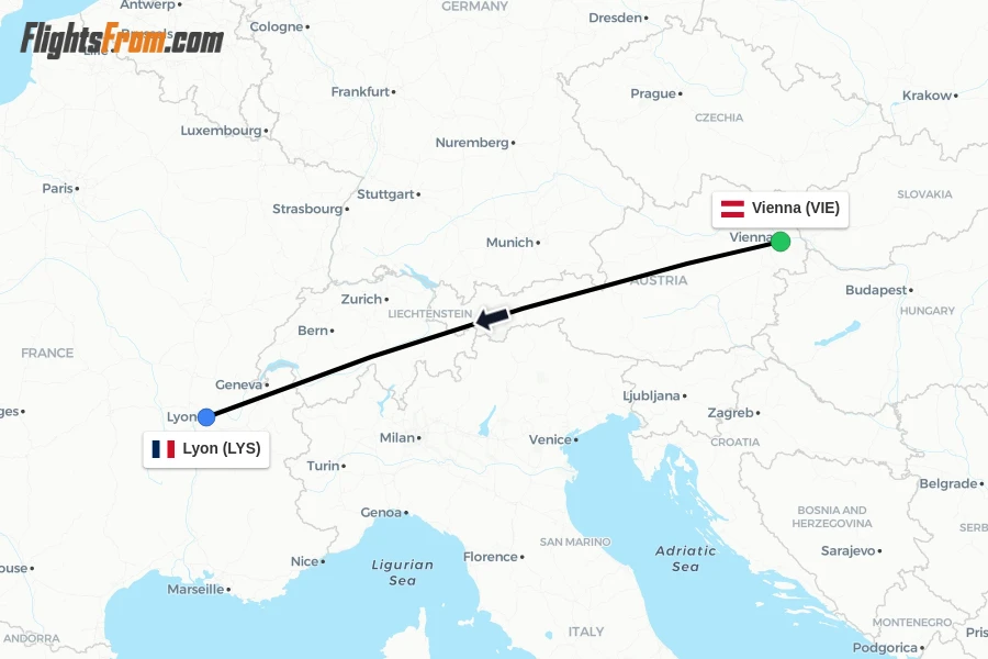 Flights from Vienna to Lyon route map