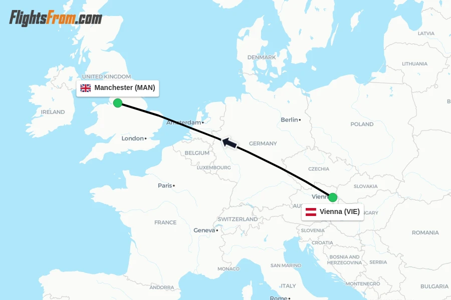Flights from Vienna to Manchester route map