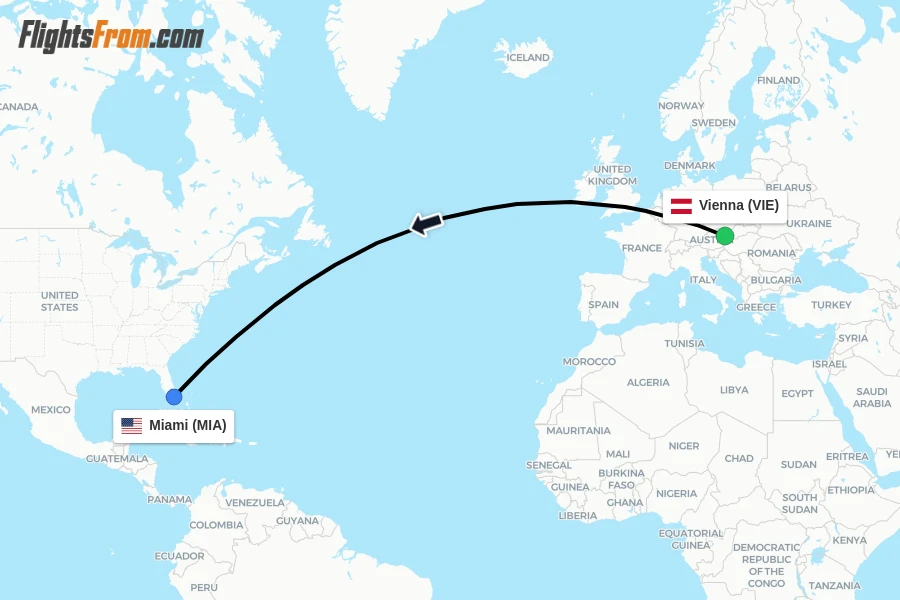 Flights from Vienna to Miami route map