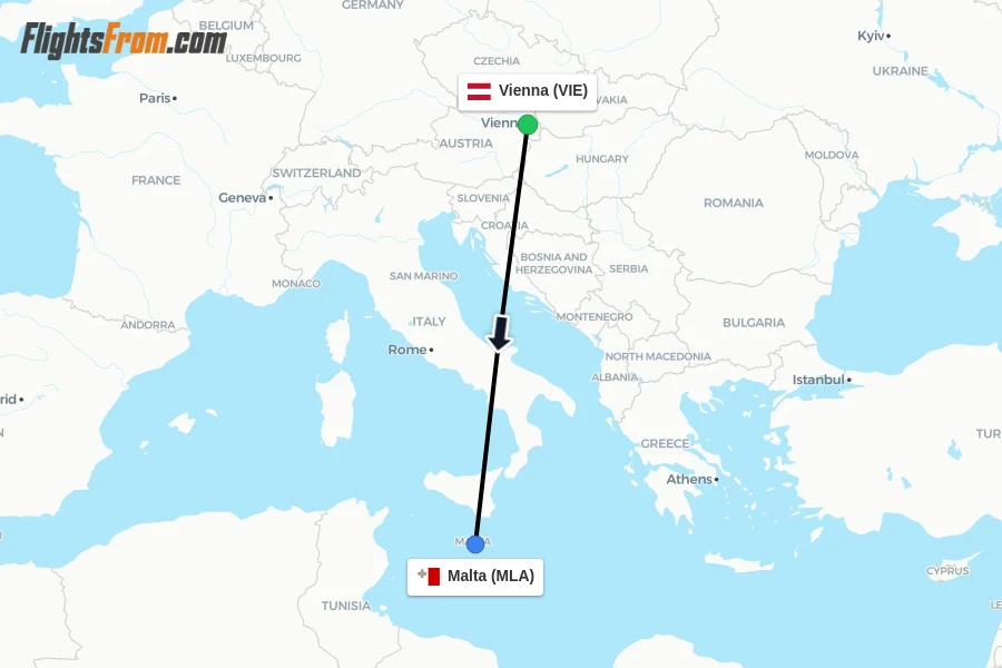 Flights from Vienna to Malta route map