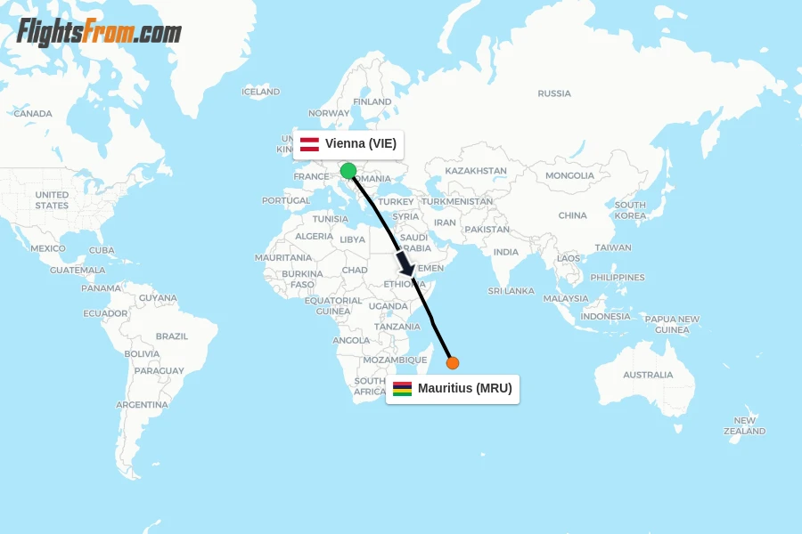 Flights from Vienna to Mauritius route map