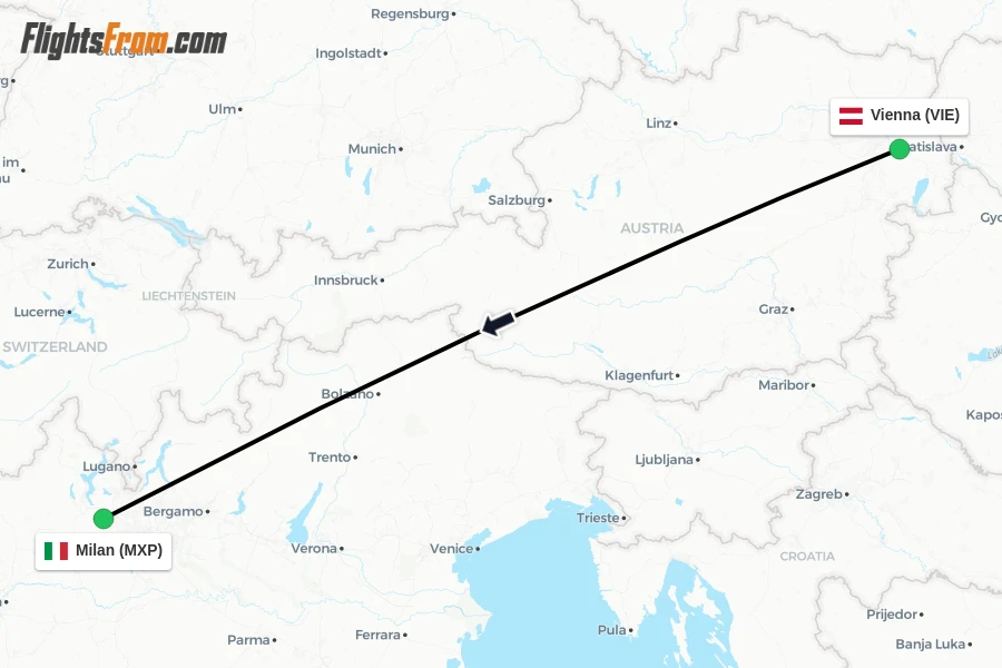Flights from Vienna to Milan route map