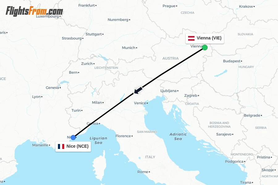 Flights from Vienna to Nice route map