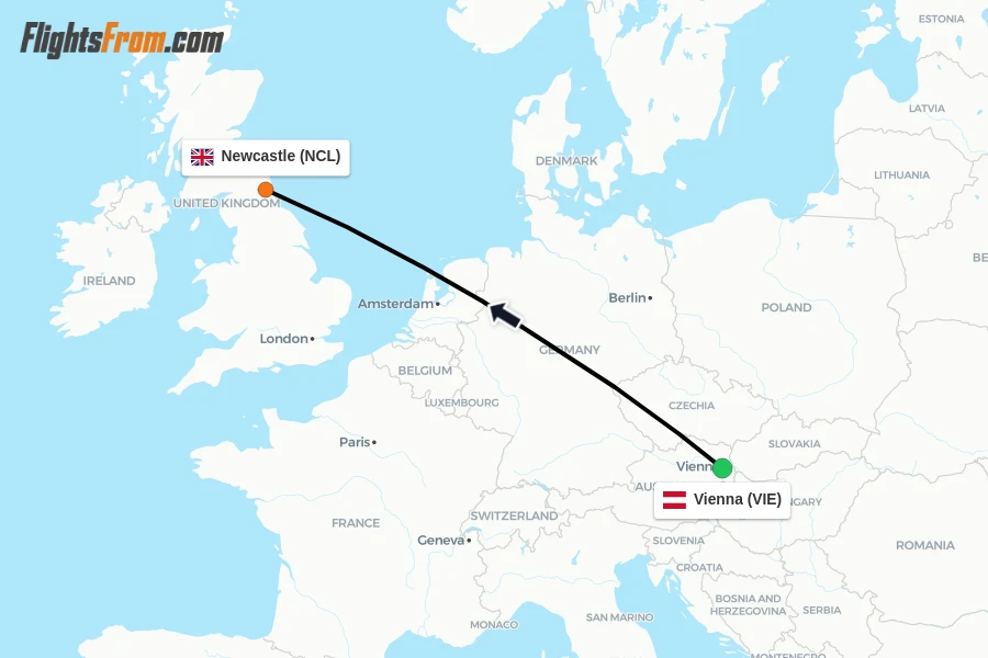 Flights from Vienna to Newcastle route map