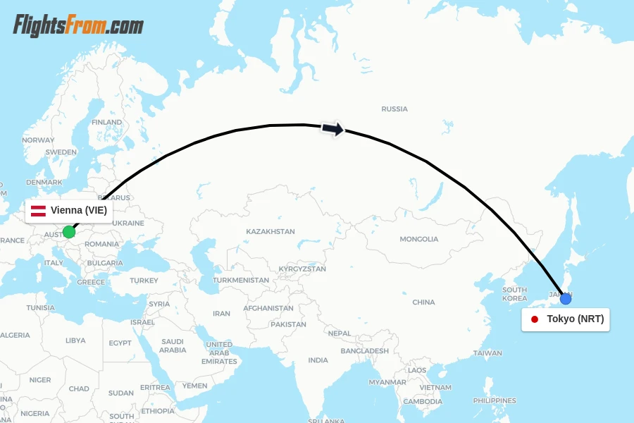 Flights from Vienna to Tokyo route map