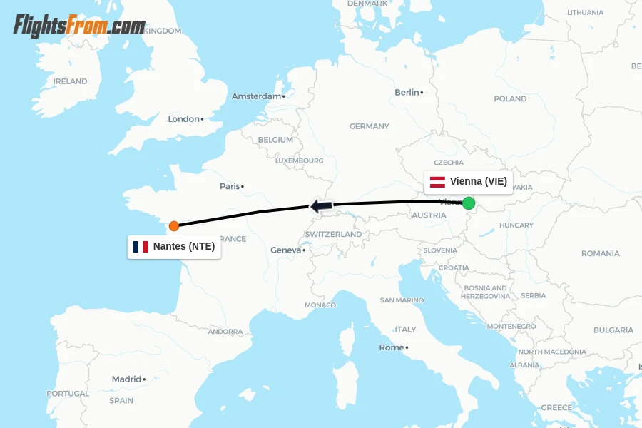 Flights from Vienna to Nantes route map