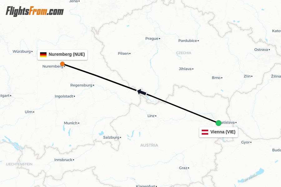 Flights from Vienna to Nuremberg route map