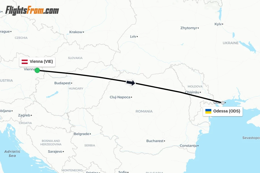 Flights from Vienna to Odessa route map