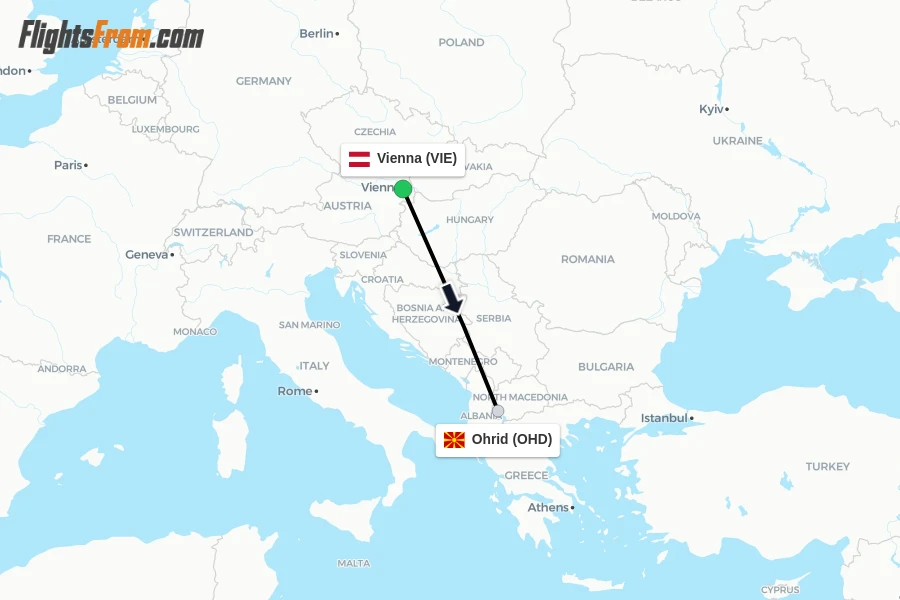 Flights from Vienna to Ohrid route map