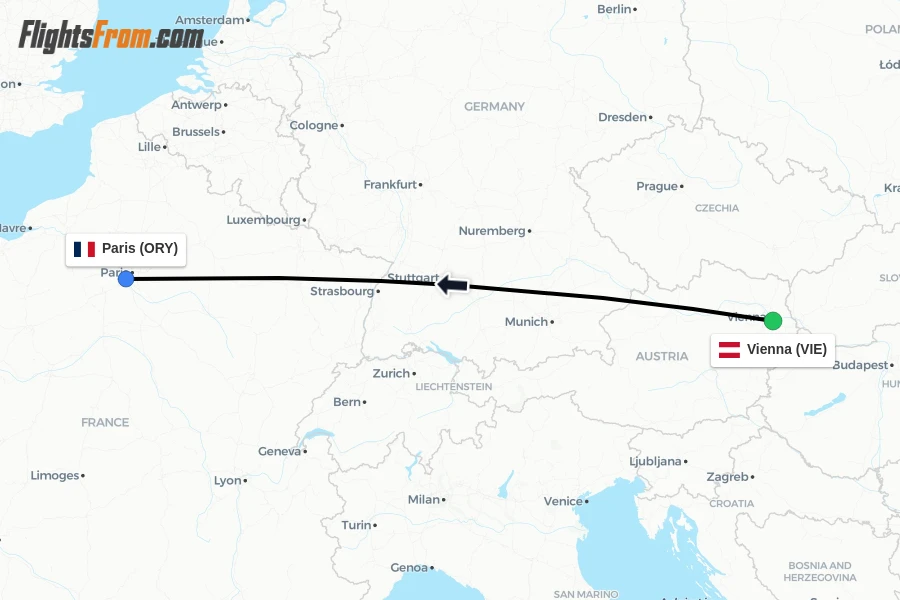 Flights from Vienna to Paris route map