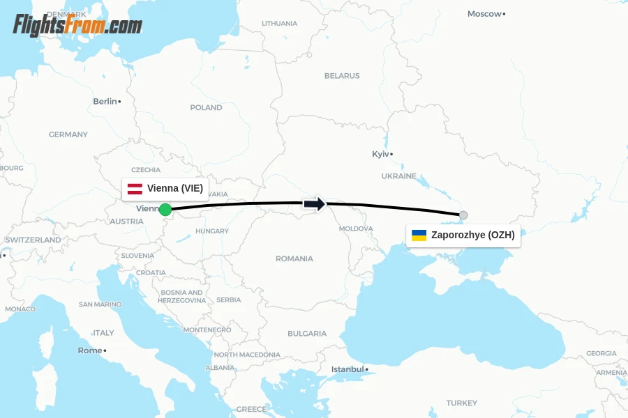 Flights from Vienna to Zaporozhye route map