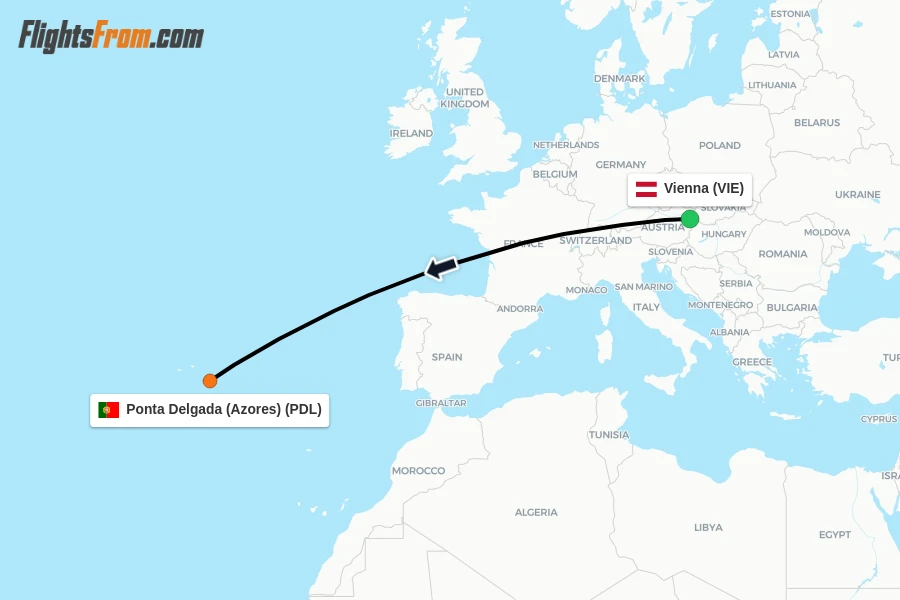 Flights from Vienna to Ponta Delgada (Azores) route map